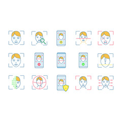 Facial recognition color icons set