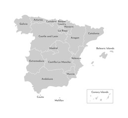 Vector isolated illustration of simplified administrative map of Spain. Borders and names of the counties.
