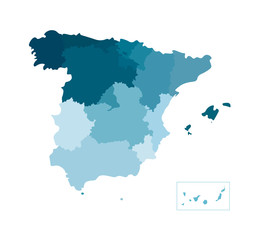 Vector isolated illustration of simplified administrative map of Spain. Borders of the counties. Blue khaki colors of silhouettes.