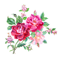 Bouquet of roses and snowberry, watercolor drawing on a white background isolated, flower painting.
