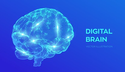 Brain. Digital brain. 3D Science and Technology concept. Neural network. IQ testing, artificial intelligence virtual emulation science technology. Brainstorm think idea. Vector illustration.