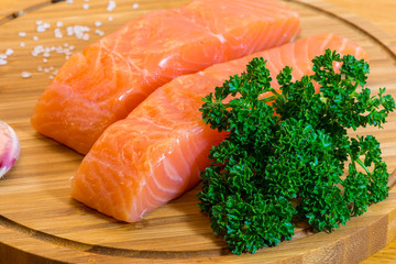 Salmon fish steck on the cutting board