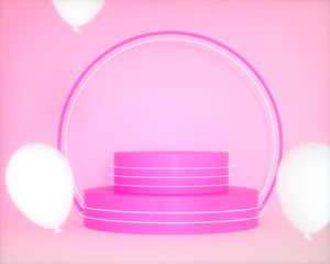 Pink podium and round circle frame, white pastel balloon background, happy birthday girly banner, congratulation, , 3d illustration