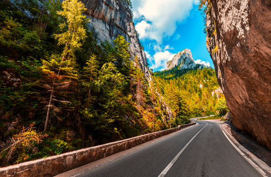 majestic mountain scenery. road in mountains, glowing in sunlight. Romania- Carpathian Mountains. Bicaz Canyon Cheile Bicazului . Beauty in the world