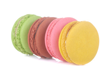 Macarons. french multicolored macaroons cakes. Small french sweet cake on white isolated background. Dessert. Sweets.