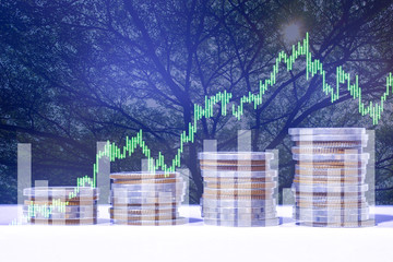 Financial investment concept, Double exposure of city night and stack of coins for finance investor, Forex trading candlestick chart economic , ECN Digital economy