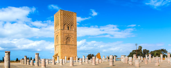 Beautiful square with Hassan tower at Mausoleum of Mohammed V in Rabat, Morocco on sunny day....