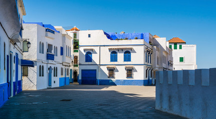Beautiful view of street with typical arabic architecture in Asilah. Location: Asilah, North Morocco, Africa. Artistic picture. Beauty world