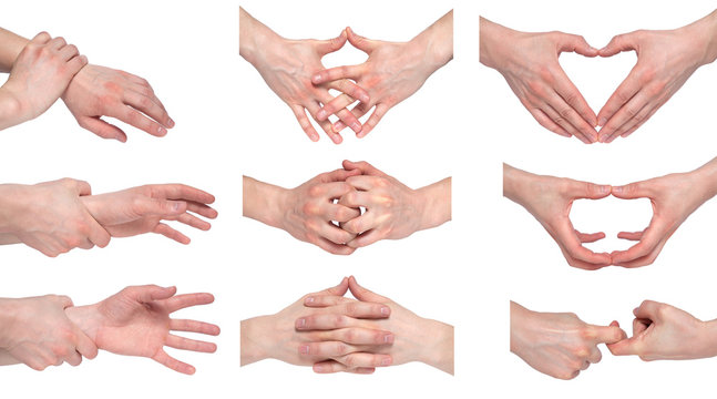 Two Human Join Hands Together Isolated On White Background, Collaboration Of Business Concept, Teamwork Concept, Union Concept, Solidarity Concept. Set Of Multiple Images