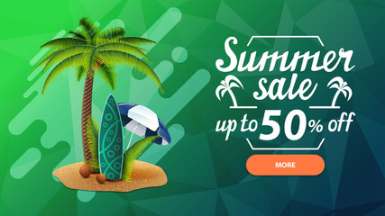 Summer sale, discount web banner for your site in a modern style with button, beautiful lettering, palm, coconuts, beach umbrella and surf Board