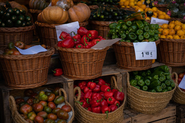 Vegetables and fruits at outdoor farmers market. Organic, bio, healthy food. Freshly, seasonal harvested. Agriculture.