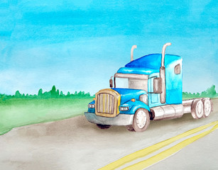 Fototapeta premium Watercolor blue american semi truck tractor without a container rides on an asphalt road against the backdrop of the landscape for logistics or business cards or website design