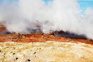 Geothermal alternative energy concept. Gunnuhver geothermal area in Iceland. Geyser steam.