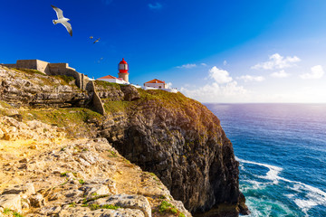 Lighthouse of Cabo Sao Vicente, Sagres, Portugal. Farol do Cabo Sao Vicente (built in october 1851) Cabo de Sao Vicente is the South Western tip of Europe, Sagres, Portugal.
