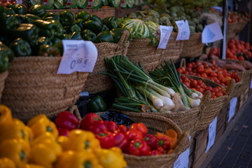 Fruits and vegetables at a farmers market. Local produce at the summer farmers market in the city.