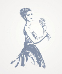 Girl in an evening dress with a bouquet of flowers in her hands, graphic vector illustration.