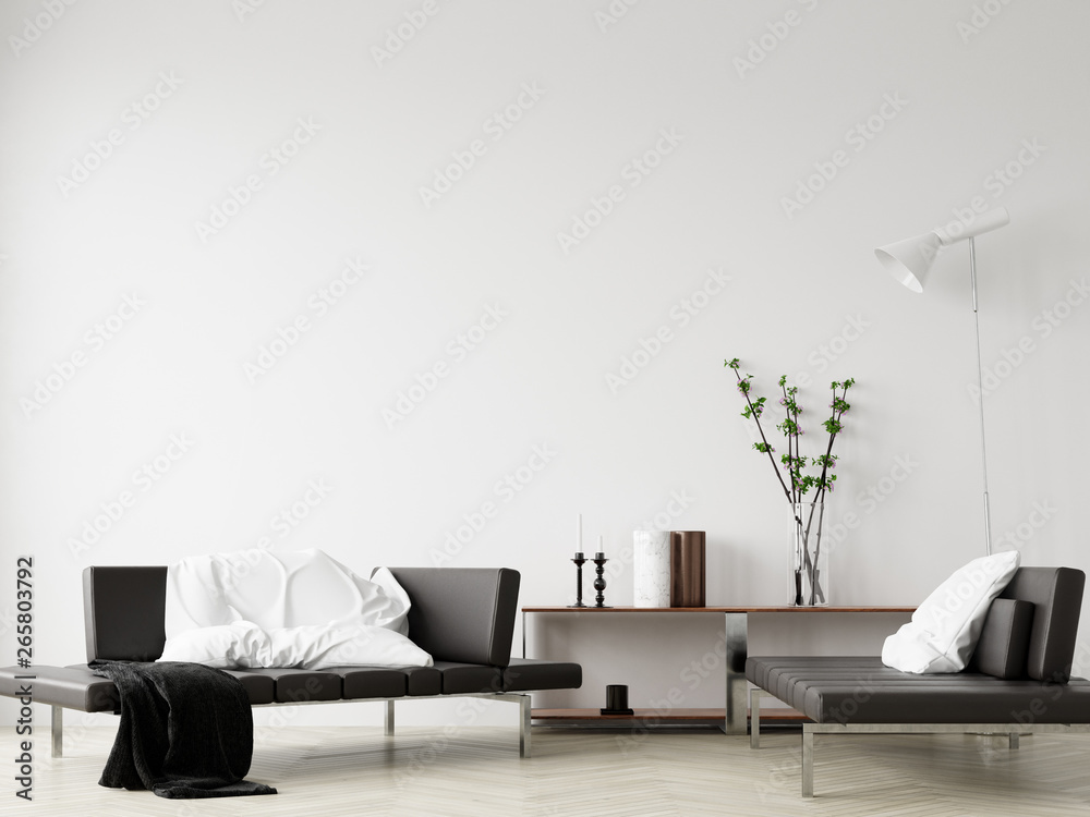 Wall mural wall mockup in home interior background, modern style living room, 3d render