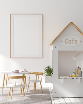 Mock up poster frame in children bedroom interior background, Scandinavian style, 3D render
