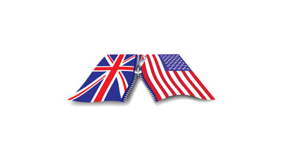 Vector image of the USA and UK flags being joined or separated by a zip - relations between the USA and UK