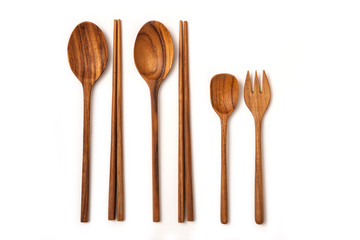 set of wood spoon, chopstick, fork isolated white