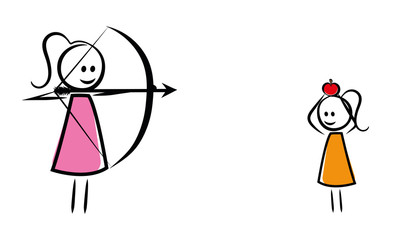 Frau mit Bogen und Mädchen mit Apfel