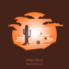 Wild west landscape.Cactus and tumbleweed under sun in dry desert. Negative space illustration