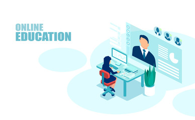 Vector of a student listening to a webinar on a computer