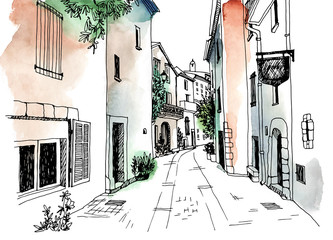 Old town street in hand drawn sketch style. Provence, France, Vector illustration. Small European city. Urban landscape on watercolor colorful background © elenavic
