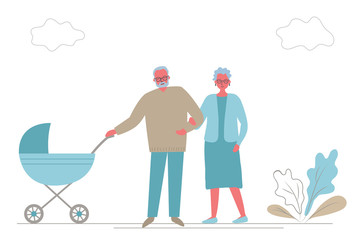 Grandfather and grandmother with baby in stroller. Grandparents with a blue carriage on a walk. There is also plants and clouds in the picture. Funky flat style. Vector illustration.