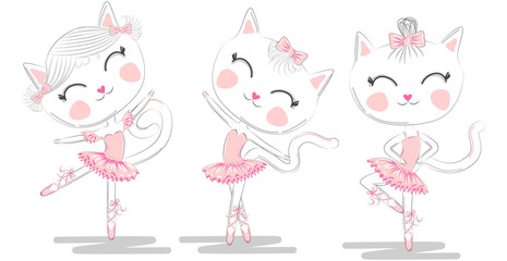 Set of three cute white ballerina cats in pink ballet tutu and pointe © MichiruKayo