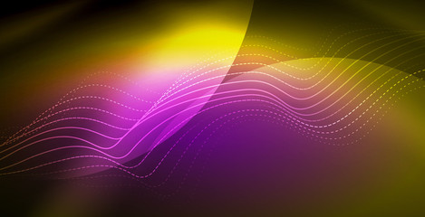 Glowing abstract wave on dark, shiny motion, magic space light. Techno abstract background