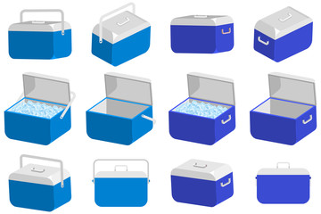 Ice cooler box vector cartoon set. Handheld camping refrigerator illustration isolated on a white background.