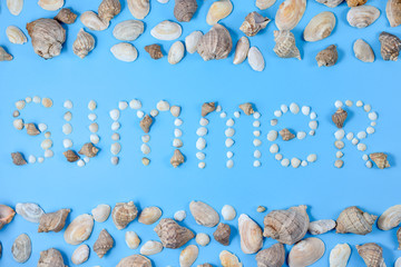 Word "summer" made of seashells on blue background. Copy space in minimal style, template for text. Vacation concept