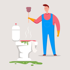 Plumber with plunger unclog a toilet. Vector cartoon illustration.