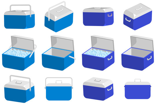 Ice Cooler Box Vector Cartoon Set. Handheld Camping Refrigerator Illustration Isolated On A White Background.