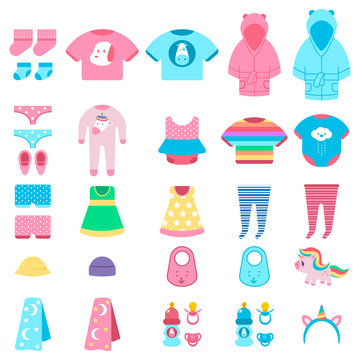 Baby clothes and toys vector cartoon set isolated on a white background.