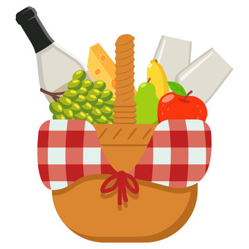 Picnic basket with food and wine. Vector cartoon illustration isolated on a white background.