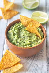 Bowl of guacamole with tortilla chips