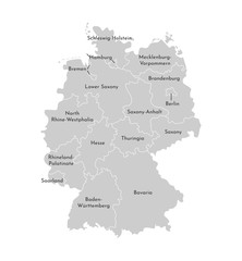 Vector isolated illustration of simplified administrative map of Germany. Borders and names of the states (regions). Grey silhouettes.