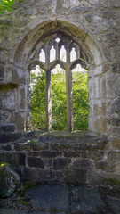 Fototapeta na wymiar Old stone window of the Heptonstall Methodist Church Northgate, Heptonstall, Hebden Bridge 