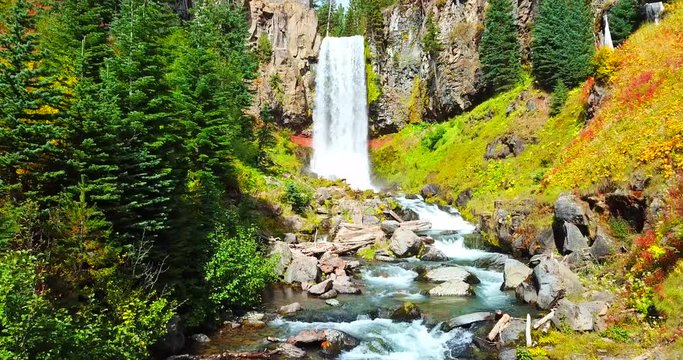 Waterfall in Forest Canyon Cascading into Creek Bed - Autumn Colors - Tumalo Falls, Oregon, USA