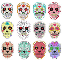 Set of sugar skulls illustrations. Design elements for poster, postcard, flyer, banner, print. Vector illustration