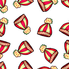 Christmas seamless pattern drawn by hand. Red knitted hat on a white background. Happy new year