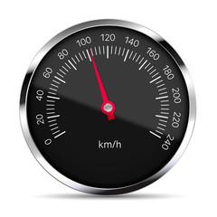 Realistic illustration of black speedometer with metal trim with glare and red pointer. Isolated on white background, vector