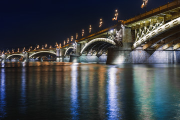 Night view of Budapest. Panorama cityscape of famous tourist destination with Danube and bridges. Travel illuminated landscape in Hungary, Europe.