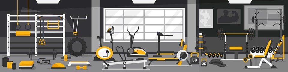 Gym zoning concept.  fitness center interior design in cartoon style with crossfit, weights equipment and Elliptical Machine Cross Trainer, Treadmill, Rowing Machine and Bike. Vector Gym Equipment.