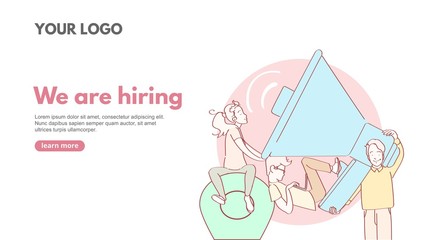 We are hiring line art web banner concept with people. Recruitment advertising template.Modern line art design concept of web page. Vector illustration