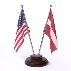 USA and Latvia, two table flags isolated on white background. 3d image 