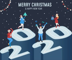 Merry Christmas and Happy new year greeting card with people dancing and celebrating on 2020 scene. 2020 New year banner, greeting card or invitation concept in flat style. Vector greeting card