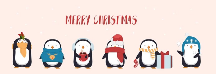 Merry Christmas greeting card with cute penguin. Seasonal character penguins wearing hats, scarf and holding gifts and mugs. Flat greeting card or banner design. Vector illustration